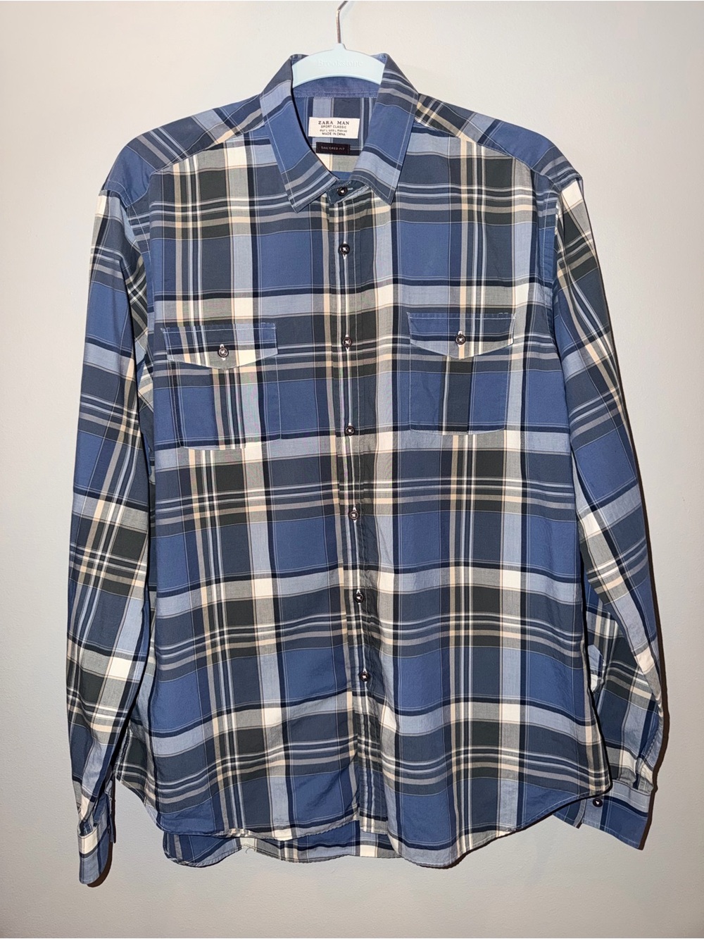 Zara Man Blue and White Plaid Long-Sleeve Button-Down Shirt preppy classic luxe